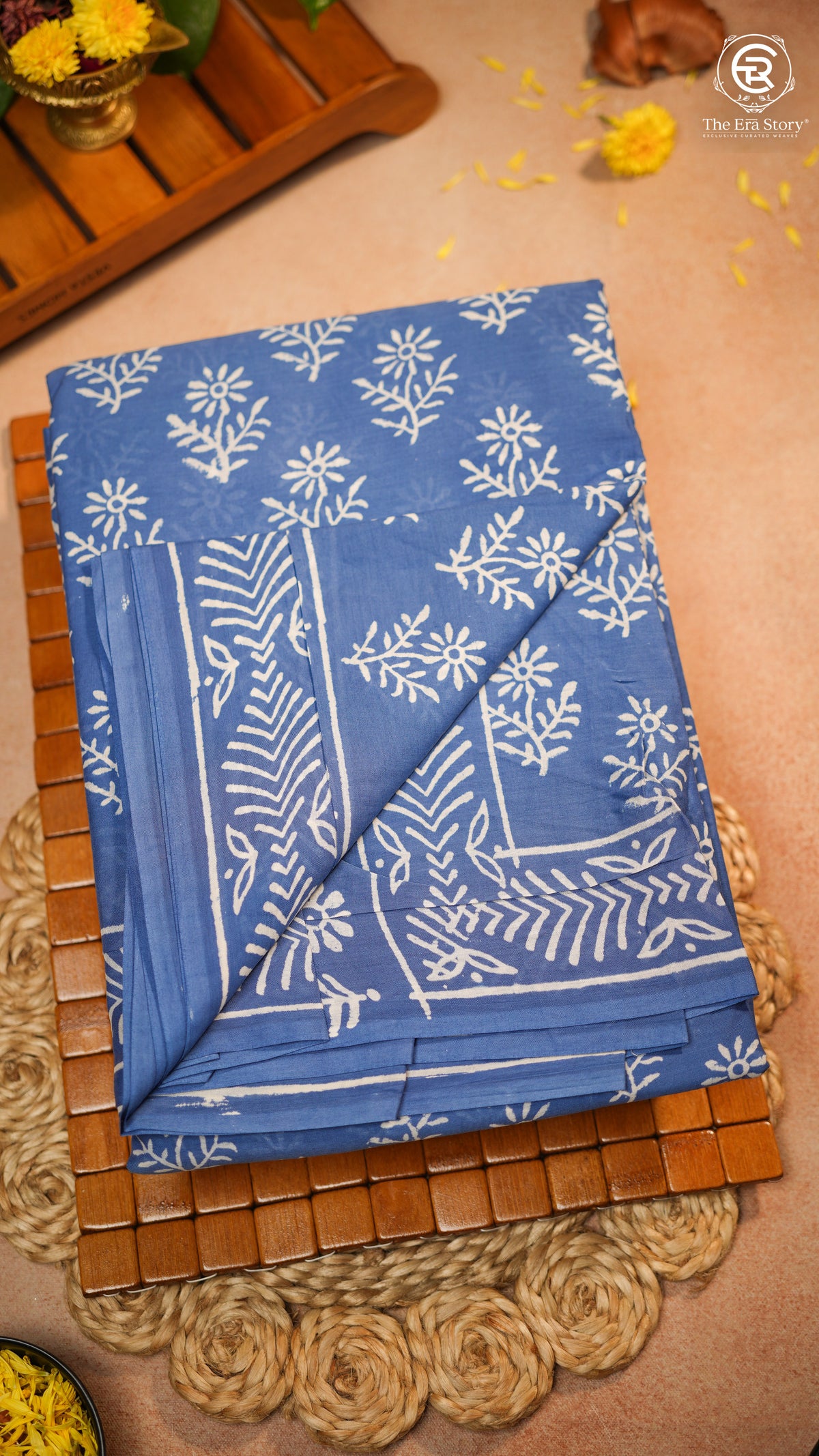 Blue & White Floral Handblocked Pure Mul Cotton Saree