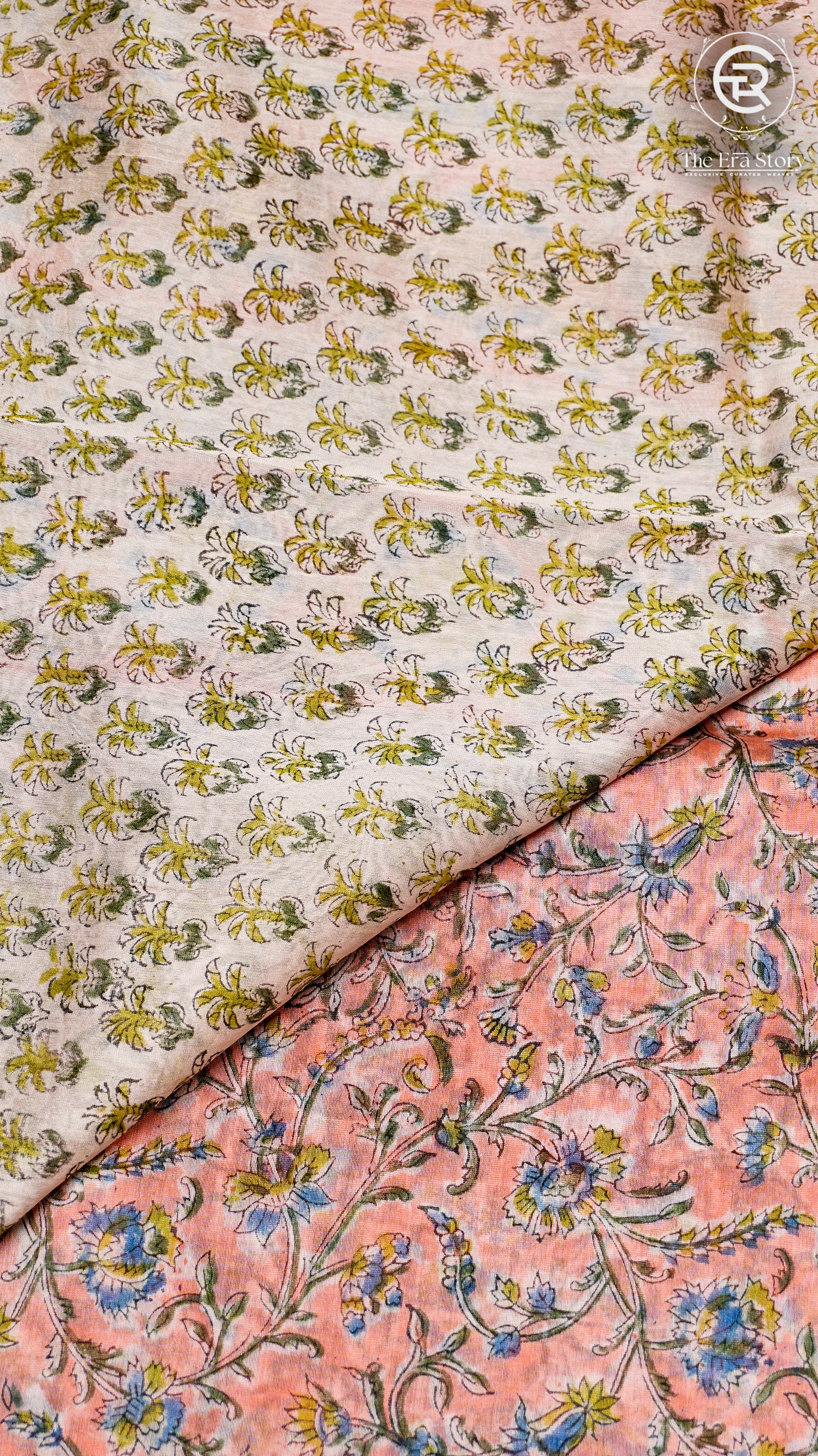 Peach and Blue Floral Handblocked Pure Maheshwari Cotton Sarees