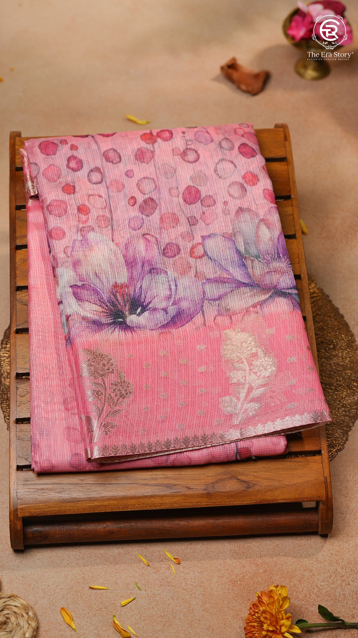 Pink Lotus Floral Kota Doria Saree