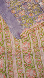 Lavender Blue & Pink Floral Handblocked Pure Georgette Saree