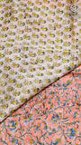 Peach and Blue Floral Handblocked Pure Maheshwari Cotton Sarees