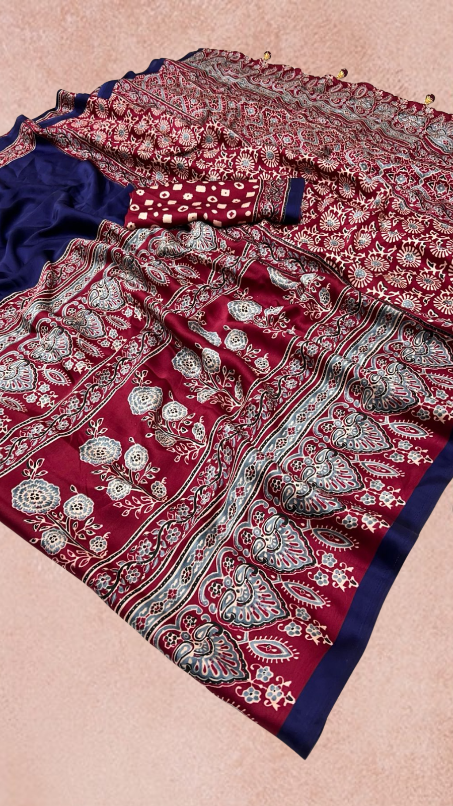 Blue and Red Ajrakh Satin Crepe Silk Saree