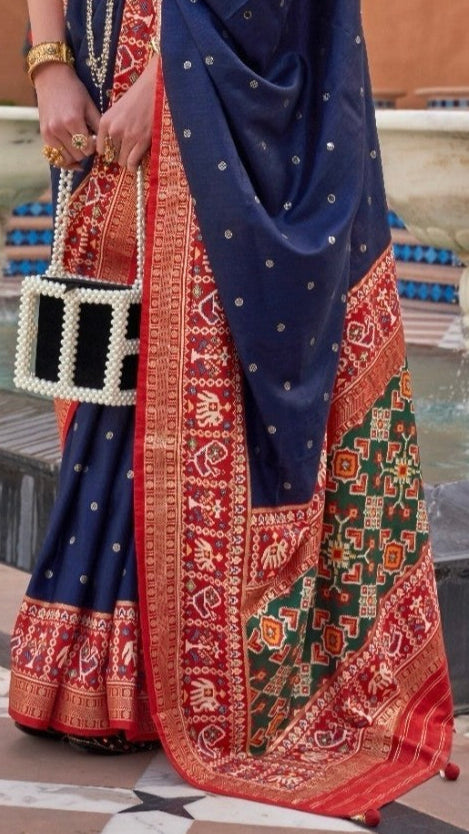 Blue and Red Ikat Patola Contemporary Banarasi Crepe Silk Saree ERA06BLU