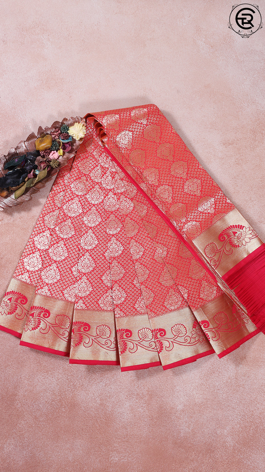 Red, Orange and Pink Bridal Silk Gold Zari Woven Floral Heavy Design Multi Shade Kanchipuram Saree