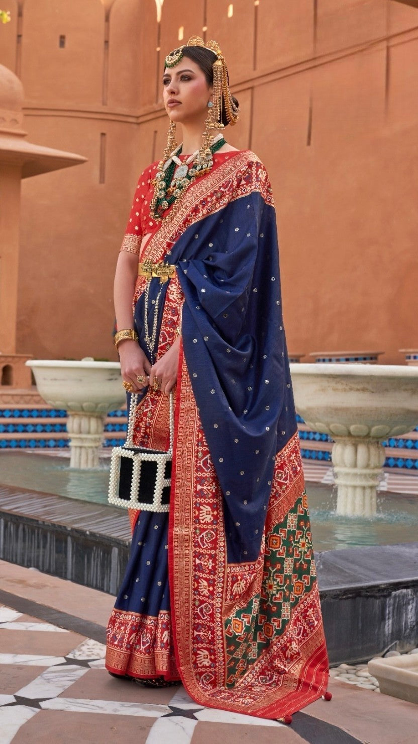 Blue and Red Ikat Patola Contemporary Banarasi Crepe Silk Saree ERA06BLU