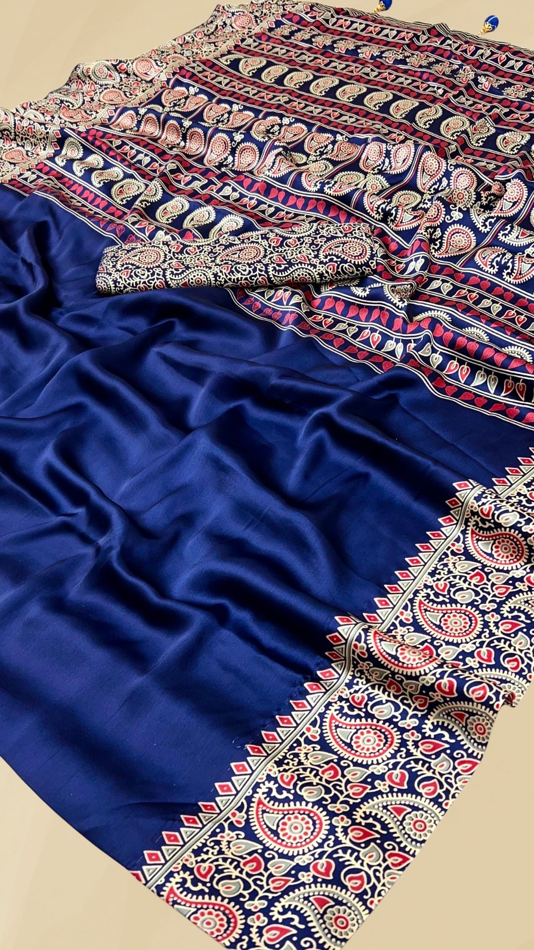 Navy Blue Mango Floral Ajrakh Gajji Silk Saree
