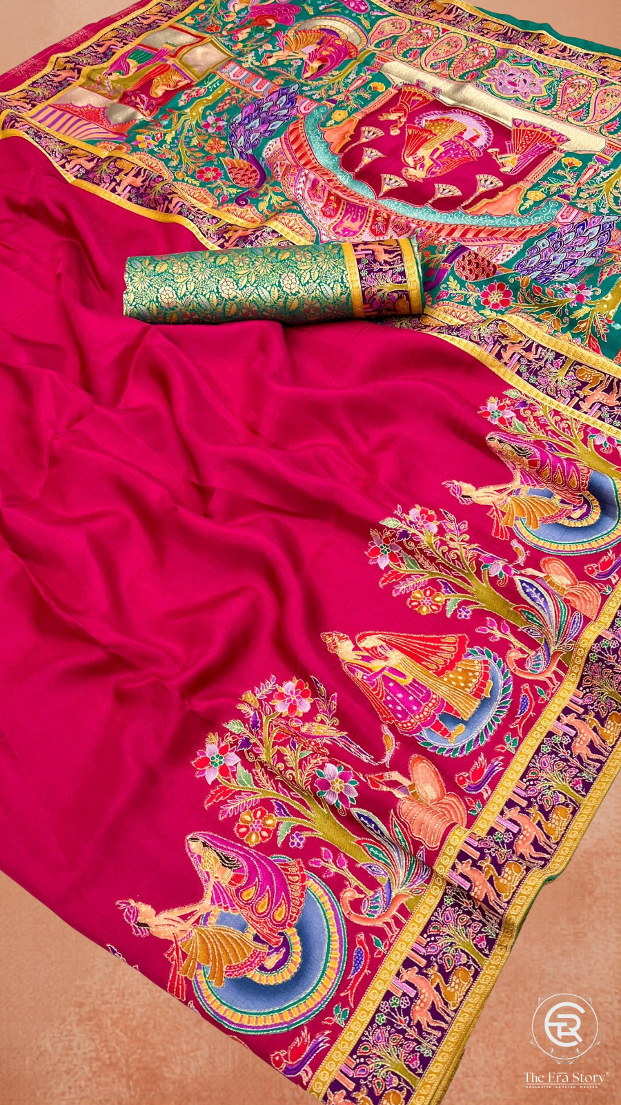 Deep Pink & Blue Festive Print Pure Crepe Banarasi Saree