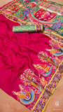 Deep Pink & Blue Festive Print Pure Crepe Banarasi Saree