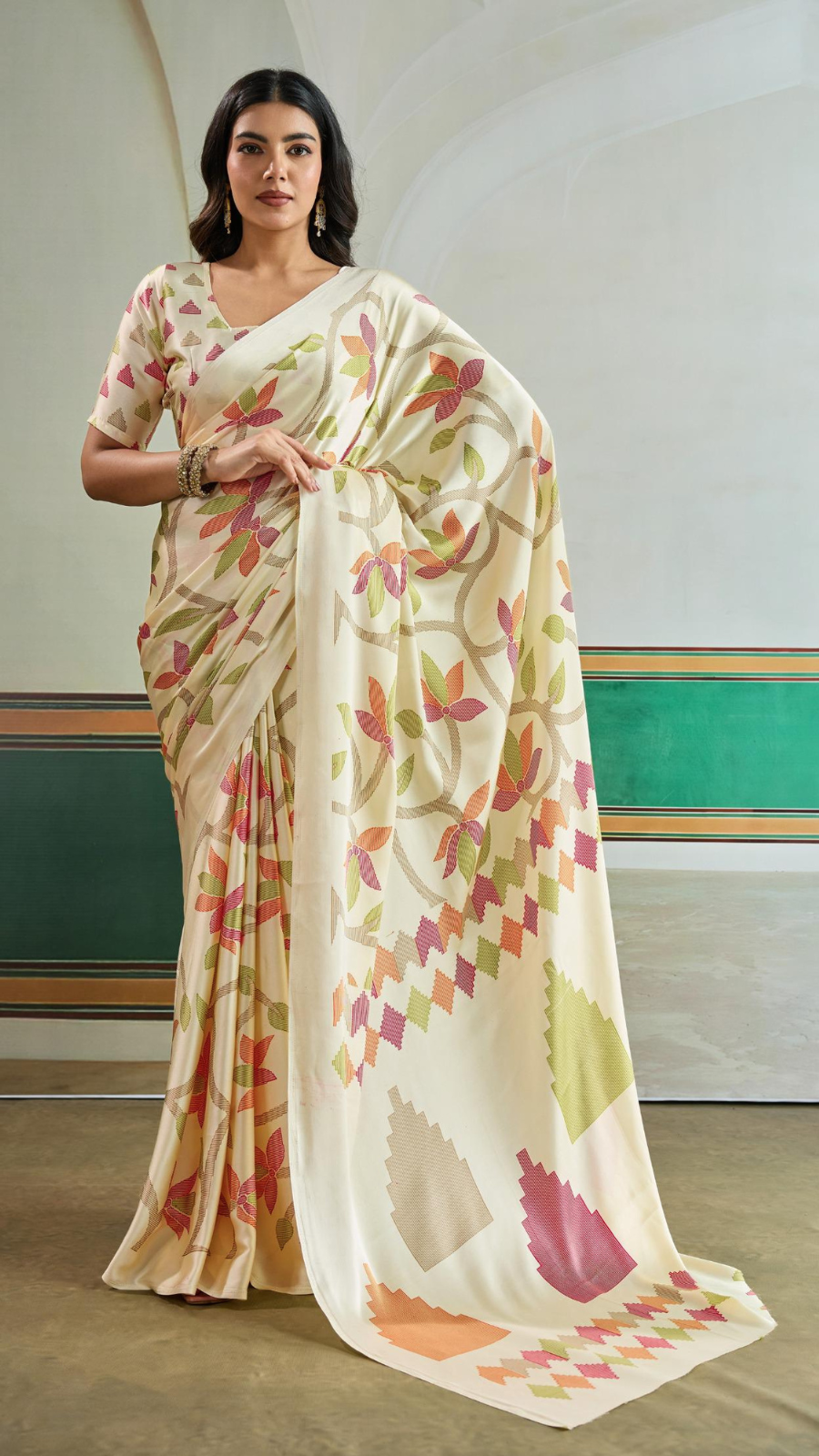 White Floral Pure Ajrakh Satin Crepe Silk Saree