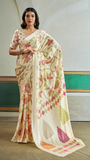 White Floral Pure Ajrakh Satin Crepe Silk Saree