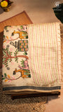 Half-White Yellow & Pink Deer Embroidered Jamdani Cotton Saree
