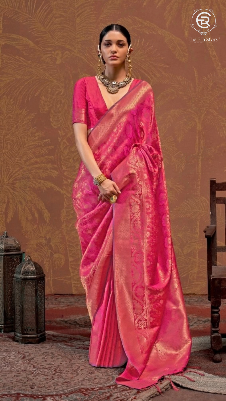 Ruby Pink & Gold Floral Kanchi Soft Silk Saree