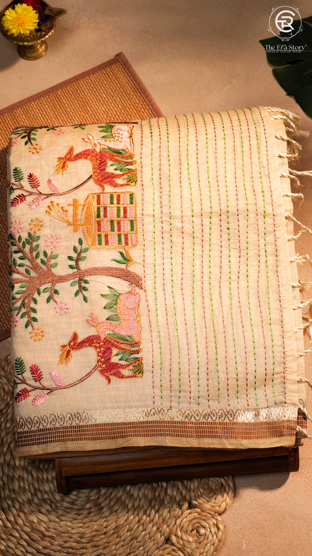Half-White Red & Pink Deer Embroidered Jamdani Cotton Saree