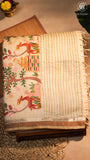 Half-White Red & Pink Deer Embroidered Jamdani Cotton Saree