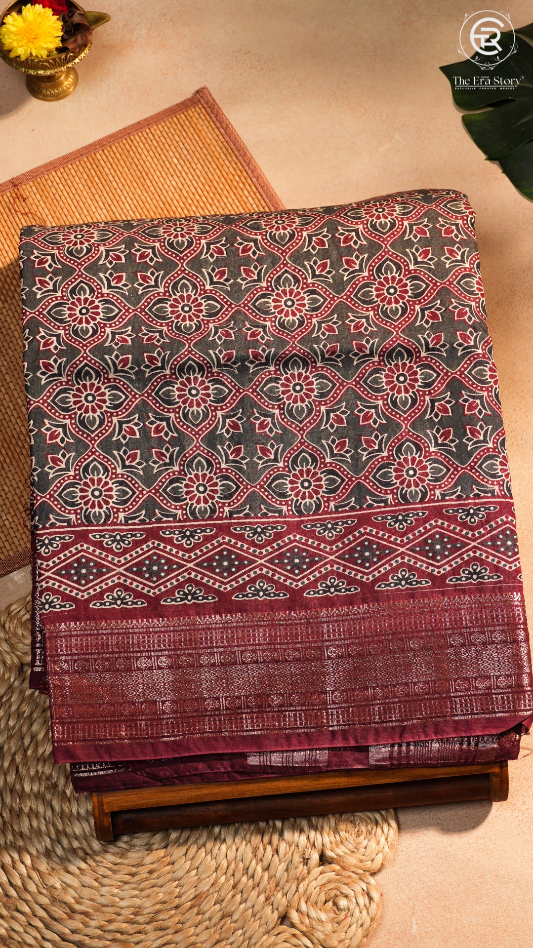 Grey & Maroon Ajrakh Patterned Munga Handloom Cotton Saree