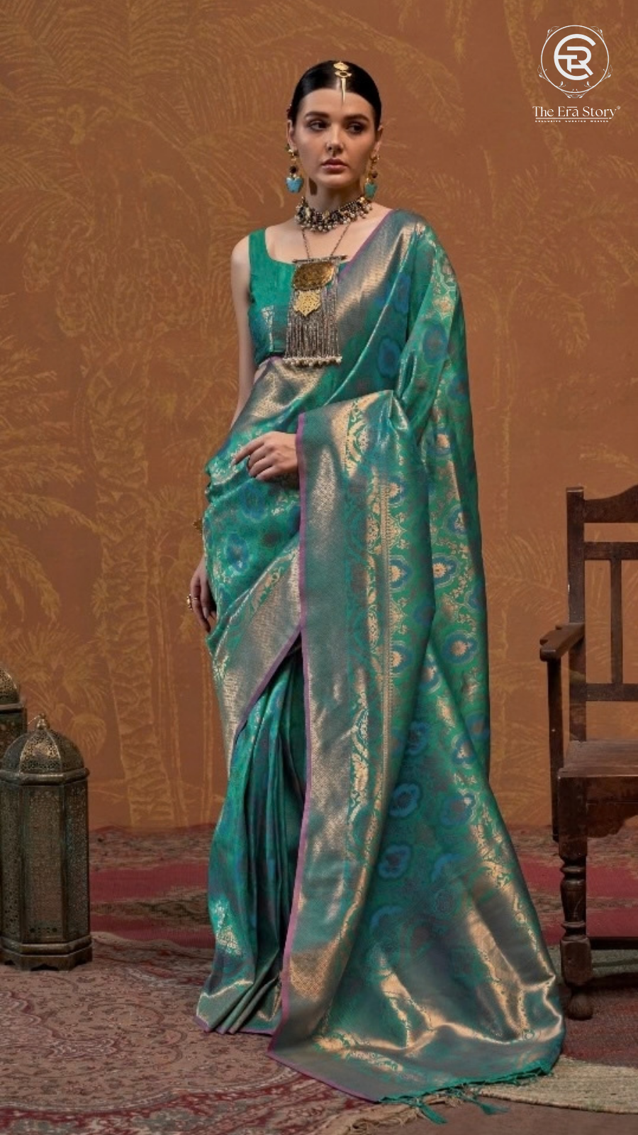 Forest Green & Gold Floral Kanchi Soft Silk Saree
