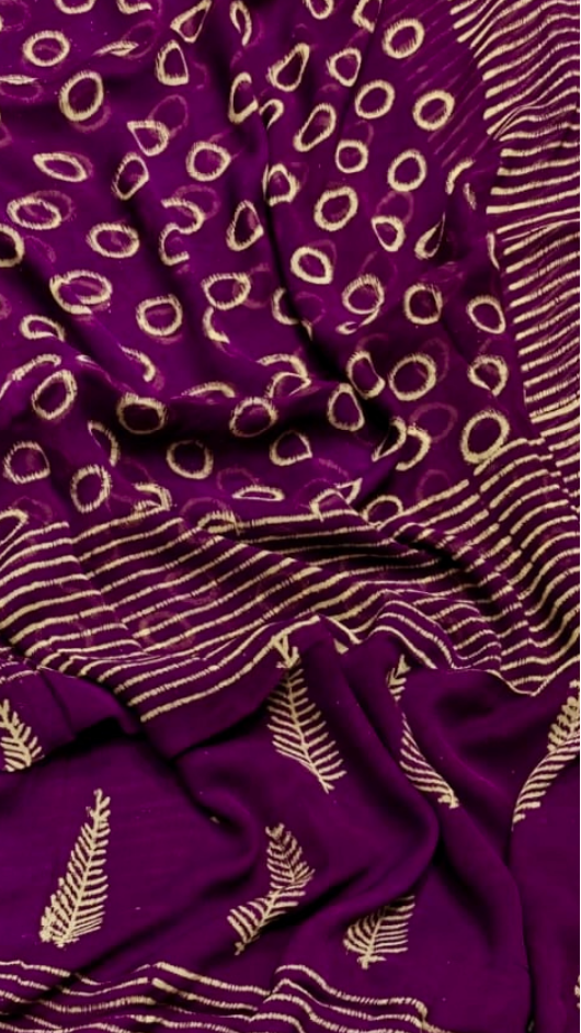 Purple Floral Handblocked Pure Double Chiffon Sarees