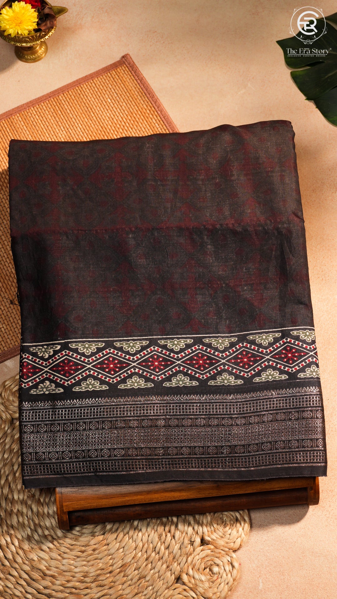 Maroon & Brown Ajrakh Patterned Munga Handloom Cotton Saree