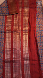 Blue & Maroon Ajrakh Patterned Munga Handloom Cotton Saree