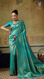 Aqua Blue Intricate Geometric Floral Jacquard Kanchi Soft Silk Saree