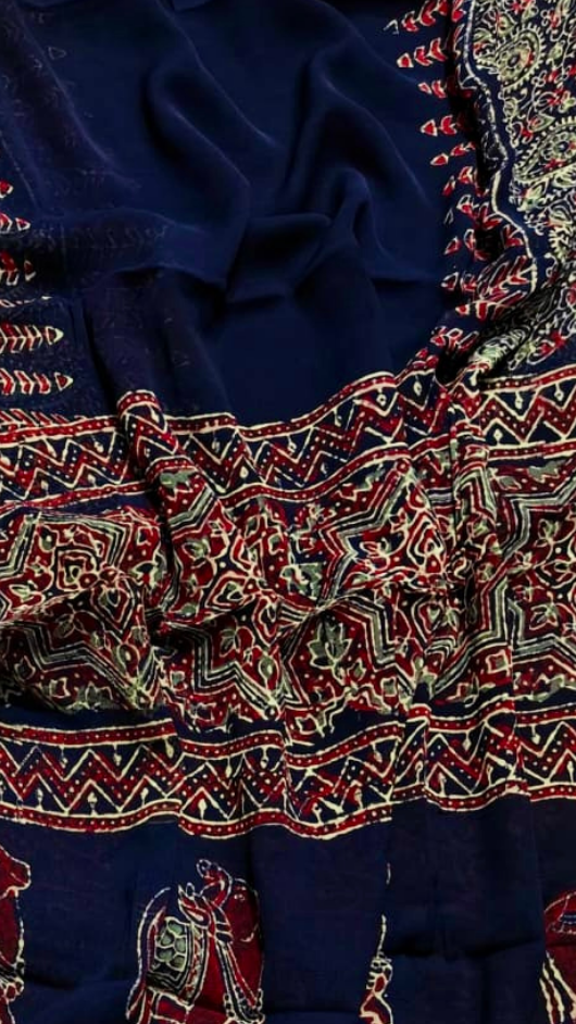 Blue Traditional Handblocked Pure Double Chiffon Sarees