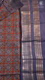 Brown & Blue Ajrakh Patterned Munga Handloom Cotton Saree