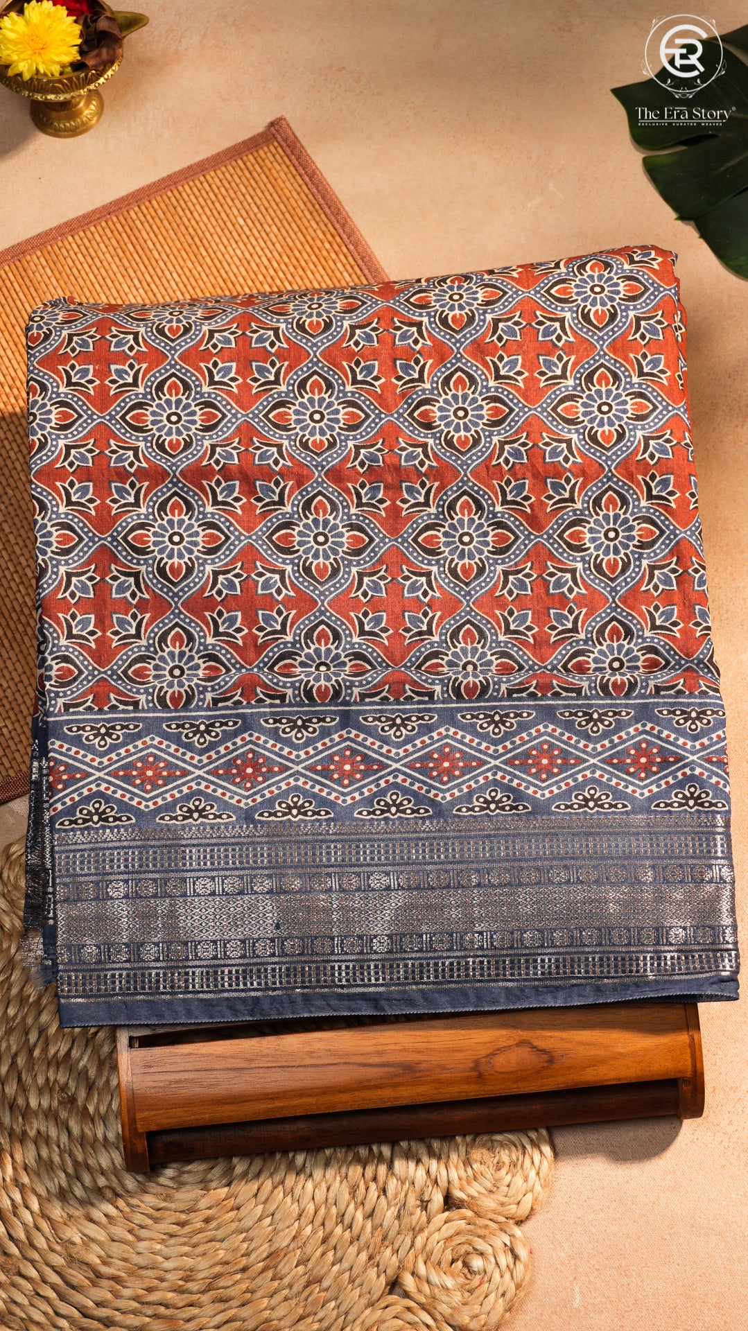 Brown & Blue Ajrakh Patterned Munga Handloom Cotton Saree