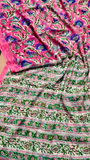 Pink and Green Floral Handblocked Pure Double Chiffon Sarees