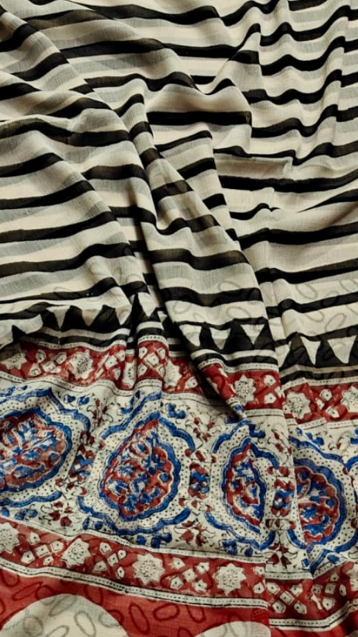 White and Black Contemporary Handblocked Pure Double Chiffon Sarees