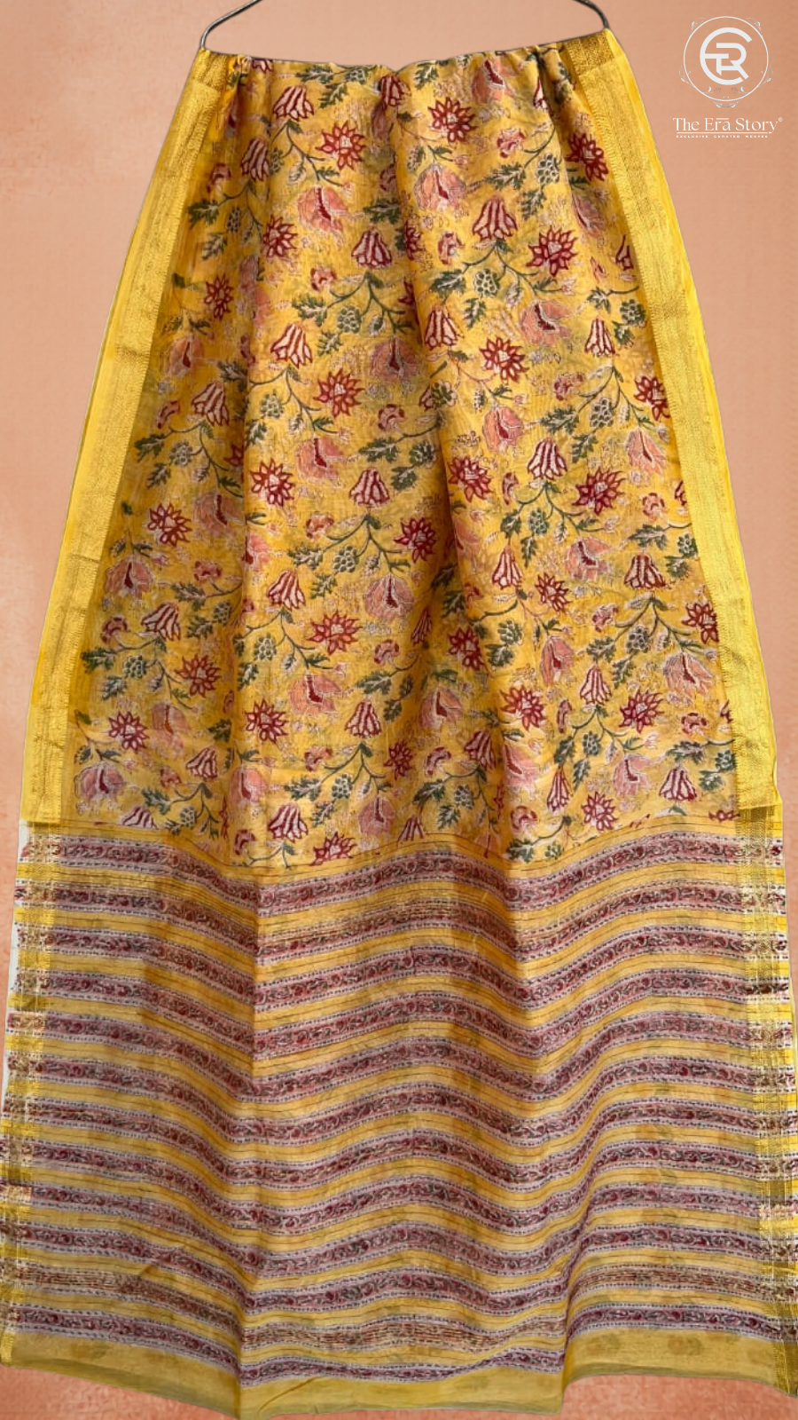 Sunflower Yellow Floral Handblocked Pure Maheshwari Cotton Sarees