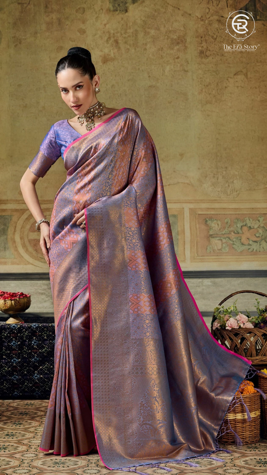 Lavender Intricate Geometric Floral Jacquard Kanchi Soft Silk Saree