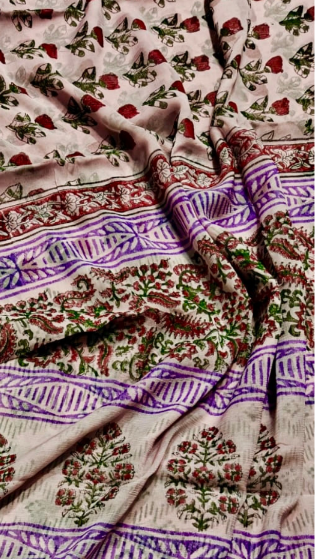 Beige and Purple Floral Handblocked Pure Double Chiffon Sarees