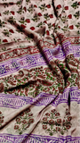 Beige and Purple Floral Handblocked Pure Double Chiffon Sarees