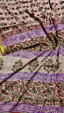 Beige and Purple Floral Handblocked Pure Double Chiffon Sarees