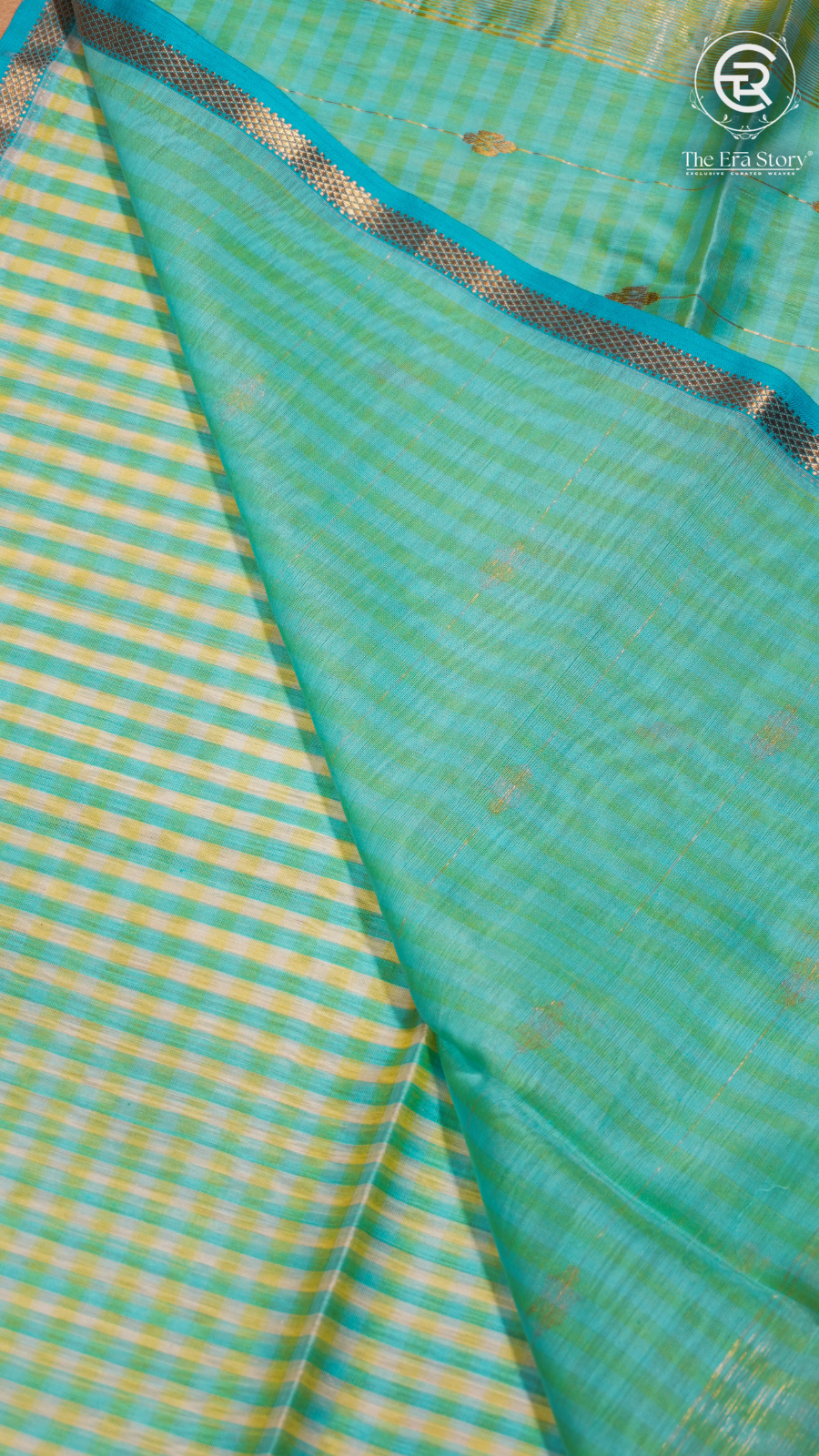 White and Mint Green Gingham Check Handloom Pure Maheshwari Silk Saree