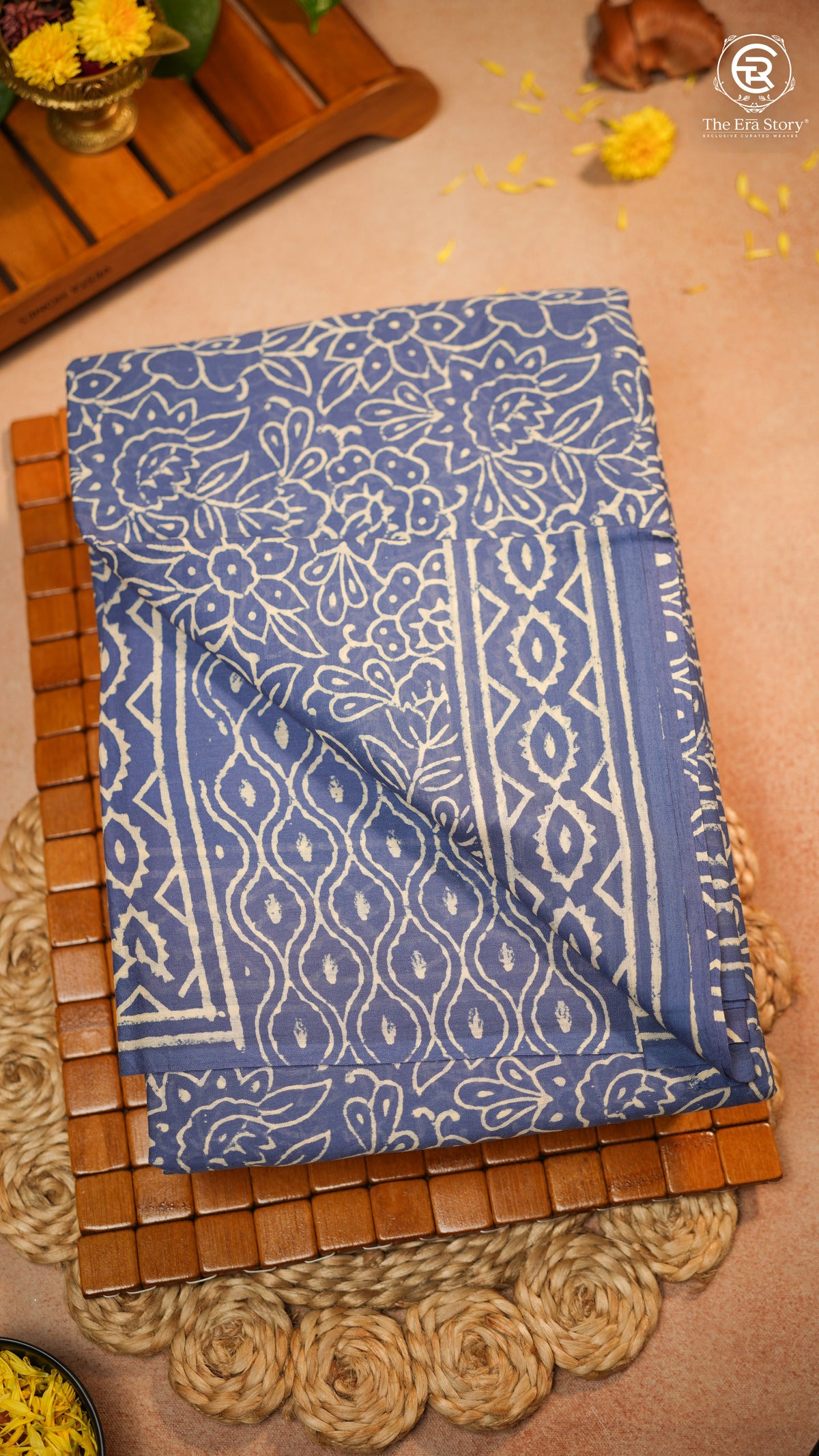 Blue & Beige Full Floral Handblocked Pure Mul Cotton Saree