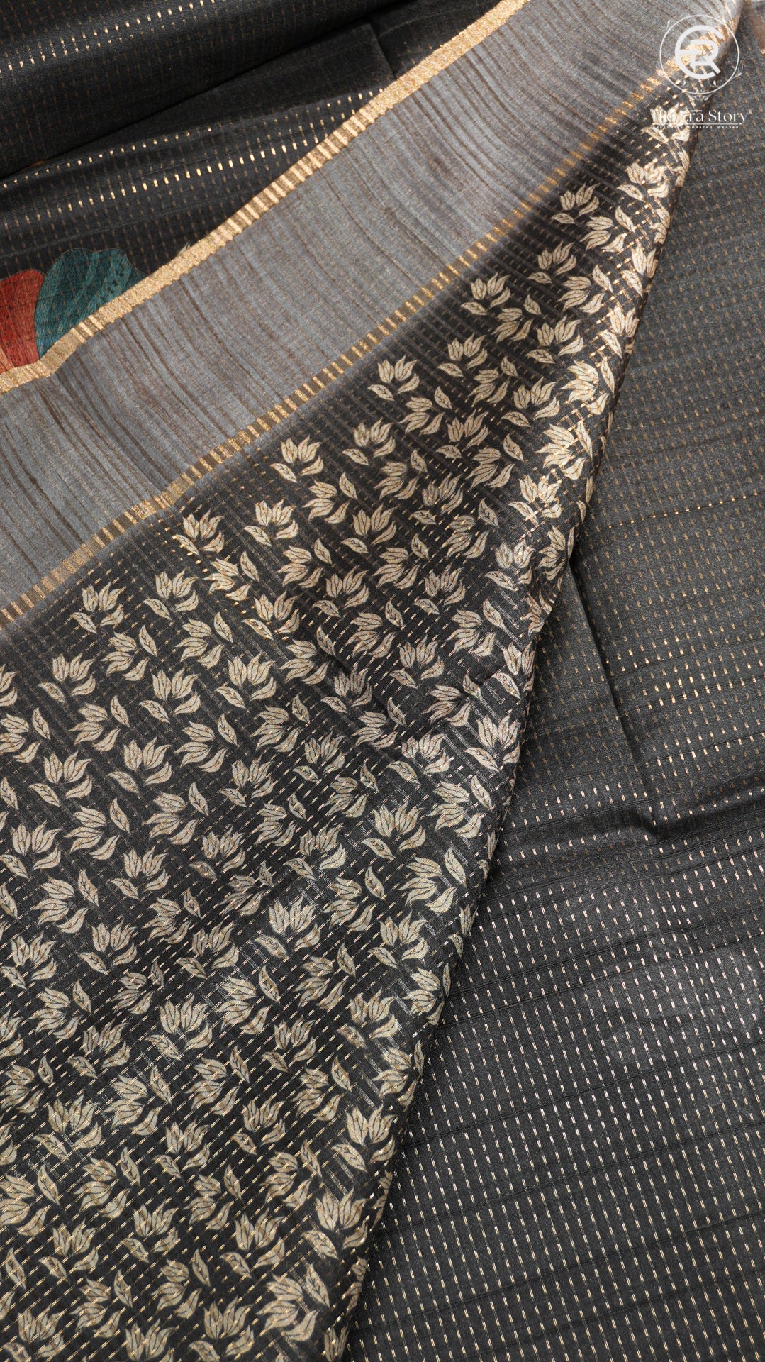 Black & Grey Floral Kantha Matka Tussar Silk Saree