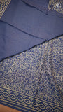 Blue & Beige Full Floral Handblocked Pure Mul Cotton Saree