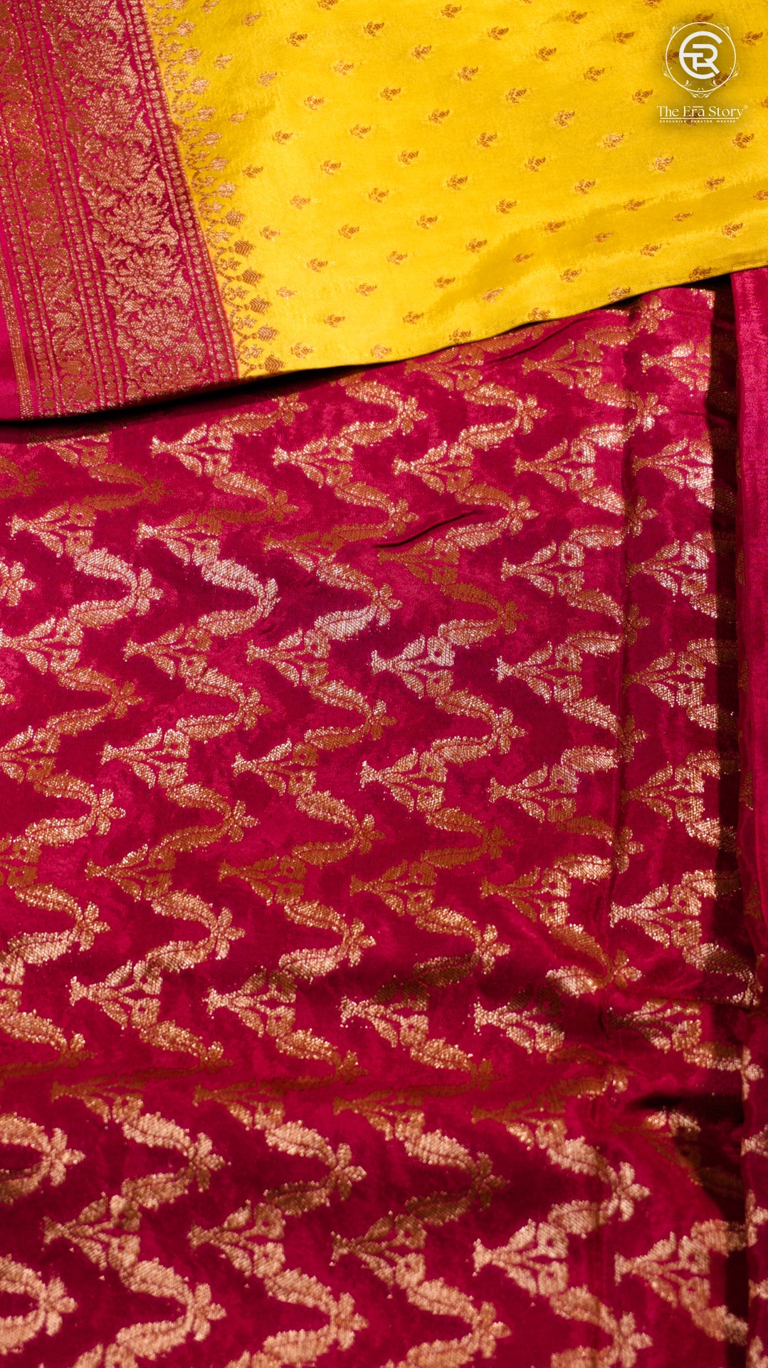 Yellow & Magenta Pure Crepe Chiffon Banarasi Silk Saree