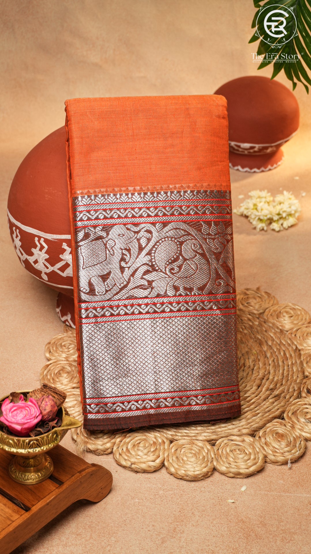 Orange Silver Zari Peacock & Paisley Border Handloom Narayanpet Cotton Saree