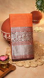Orange Silver Zari Peacock & Paisley Border Handloom Narayanpet Cotton Saree