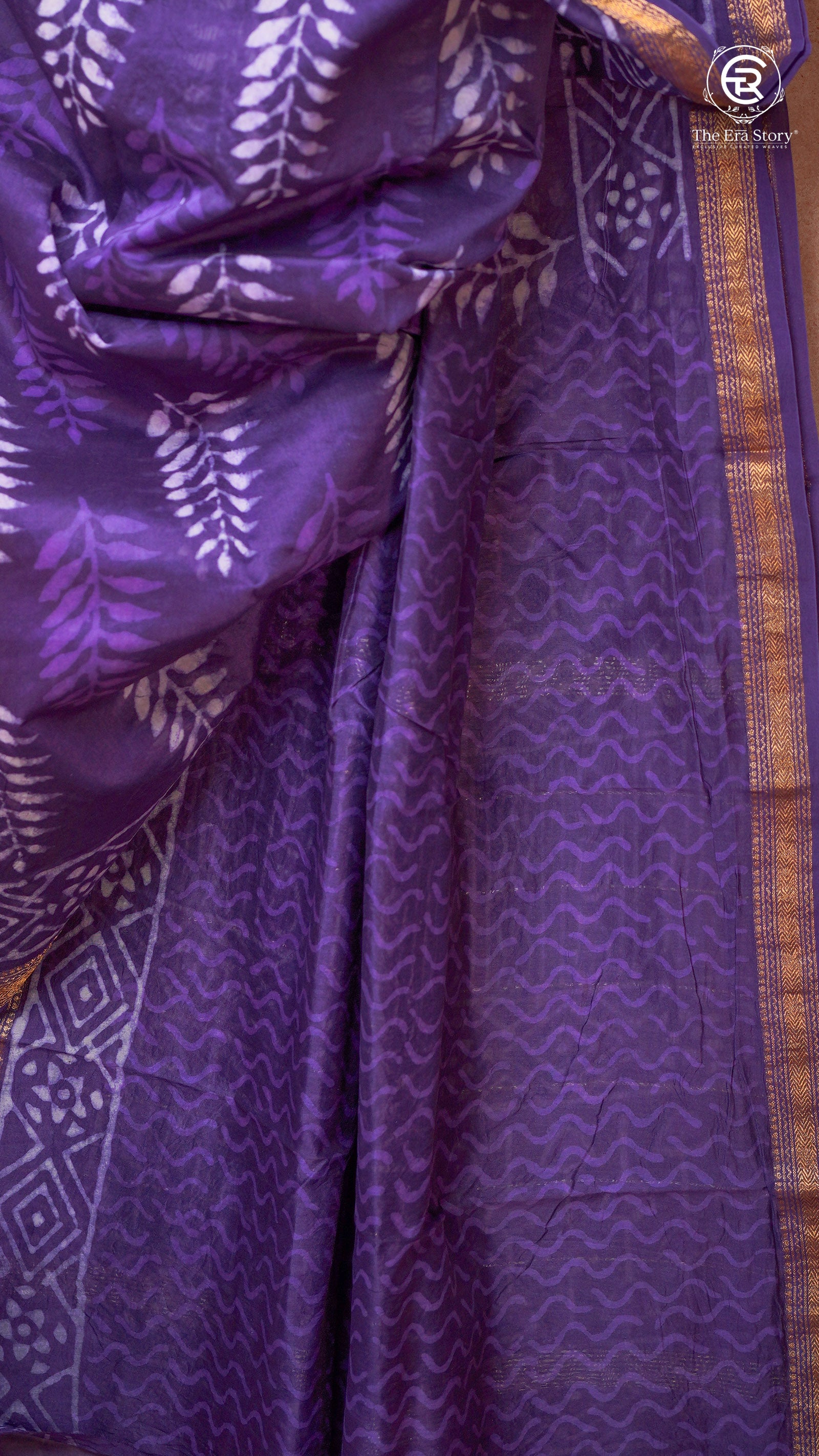 Purple Leaf Floral Handblocked Pure Maheshwari Cotton Saree