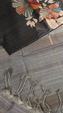 Black & Grey Floral Kantha Matka Tussar Silk Saree