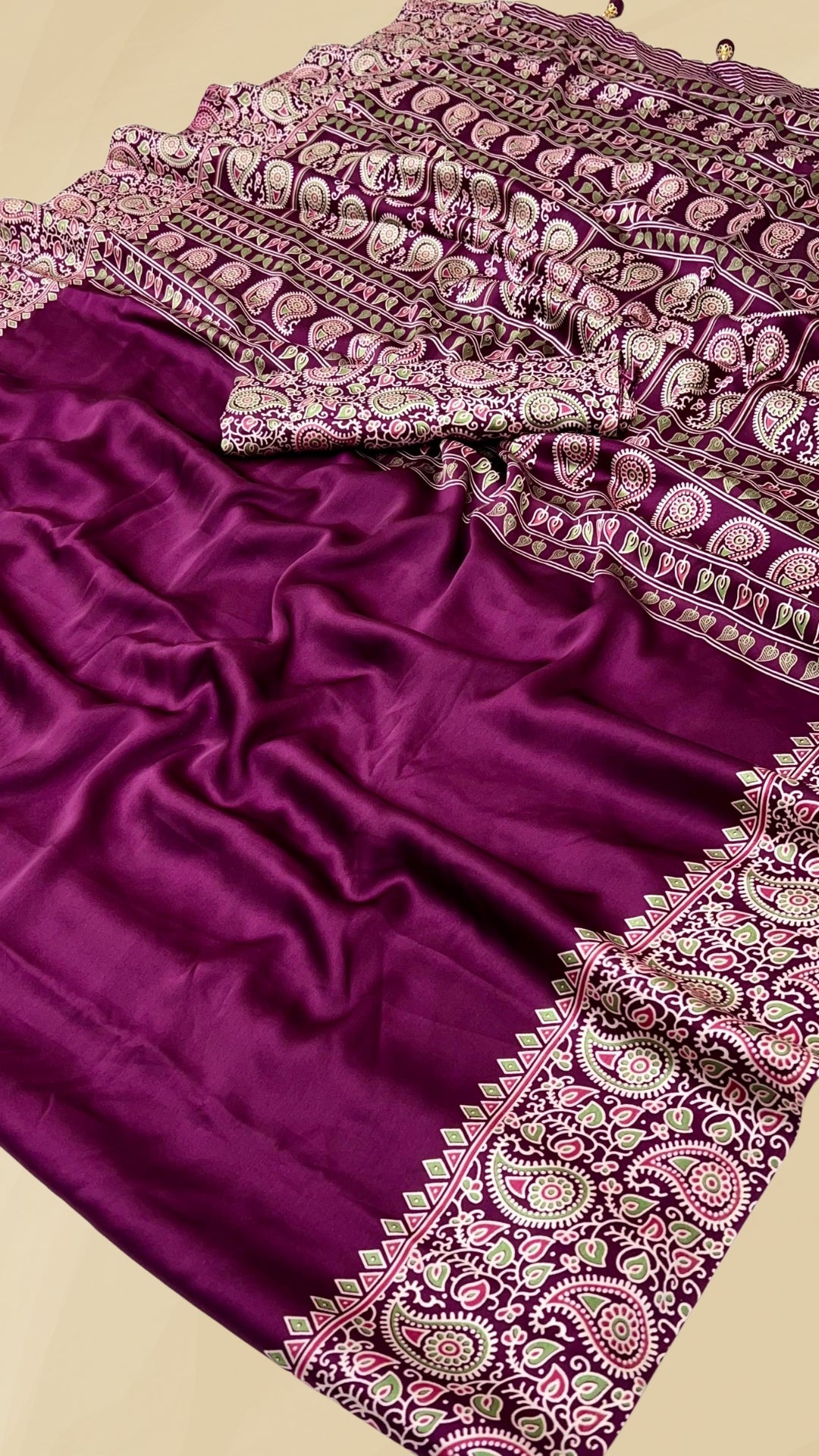 Eggplant Purple Mango Floral Ajrakh Gajji Silk Saree