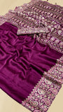 Eggplant Purple Mango Floral Ajrakh Gajji Silk Saree