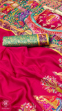 Deep Pink & Blue Festive Print Pure Crepe Banarasi Saree
