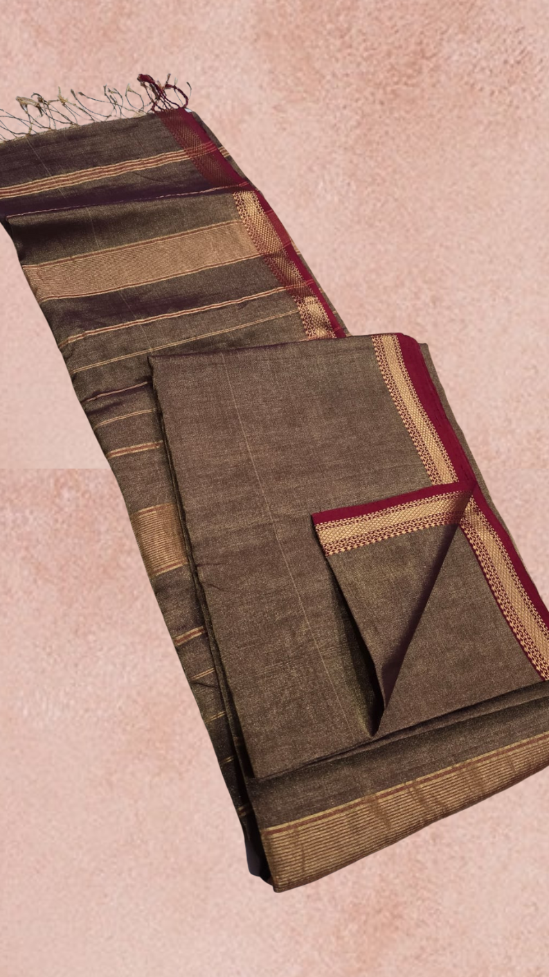Copper Brown and Red Handloom Pure Maheshwari Silk Saree