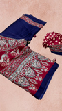 Blue and Red Ajrakh Satin Crepe Silk Saree