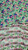 Green and Blue Floral Handblocked Pure Double Chiffon Sarees