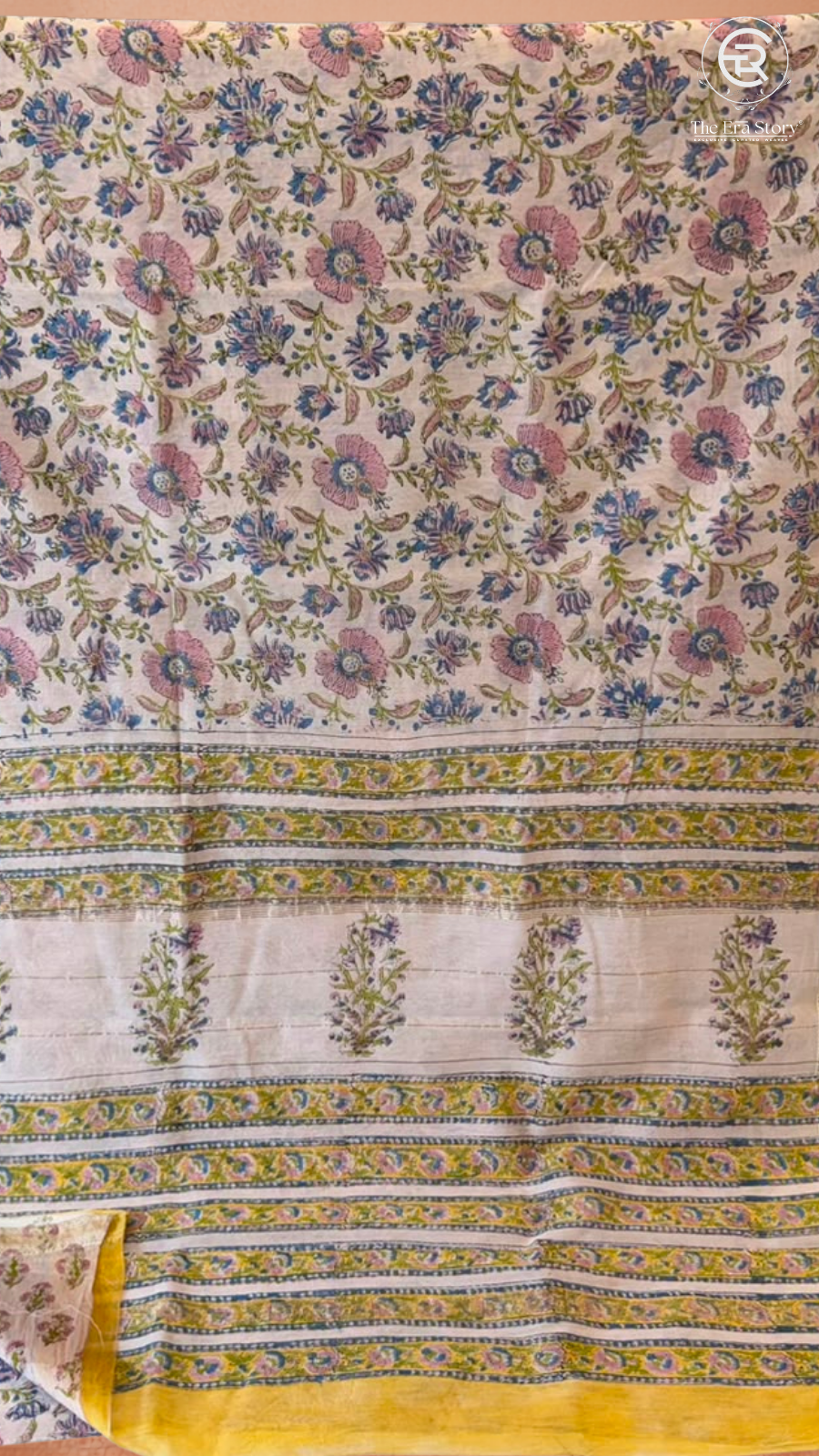 Beige & Yellow Floral Handblocked Pure Maheshwari Cotton Sarees